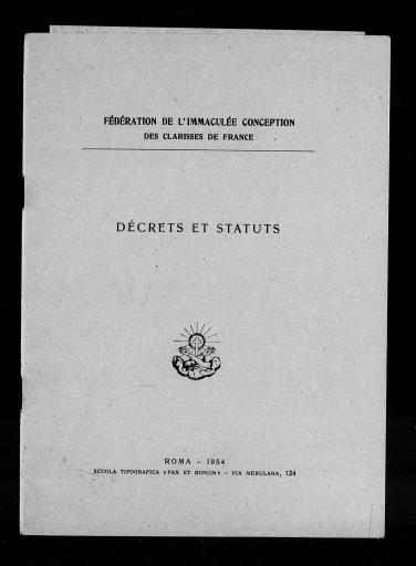 Décrets et statuts, Fédération de l'Immaculée Conception des clarisses de France, Rome, 18 p. impr.